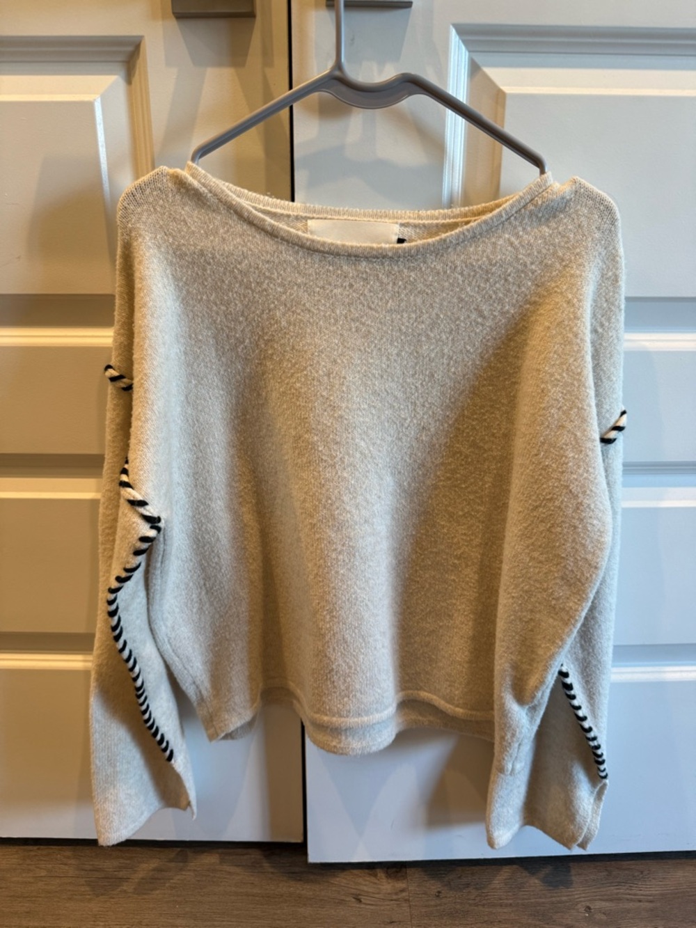 Pink Martini Cream Off-the-Shoulder Sweater with Black Contrast Trim